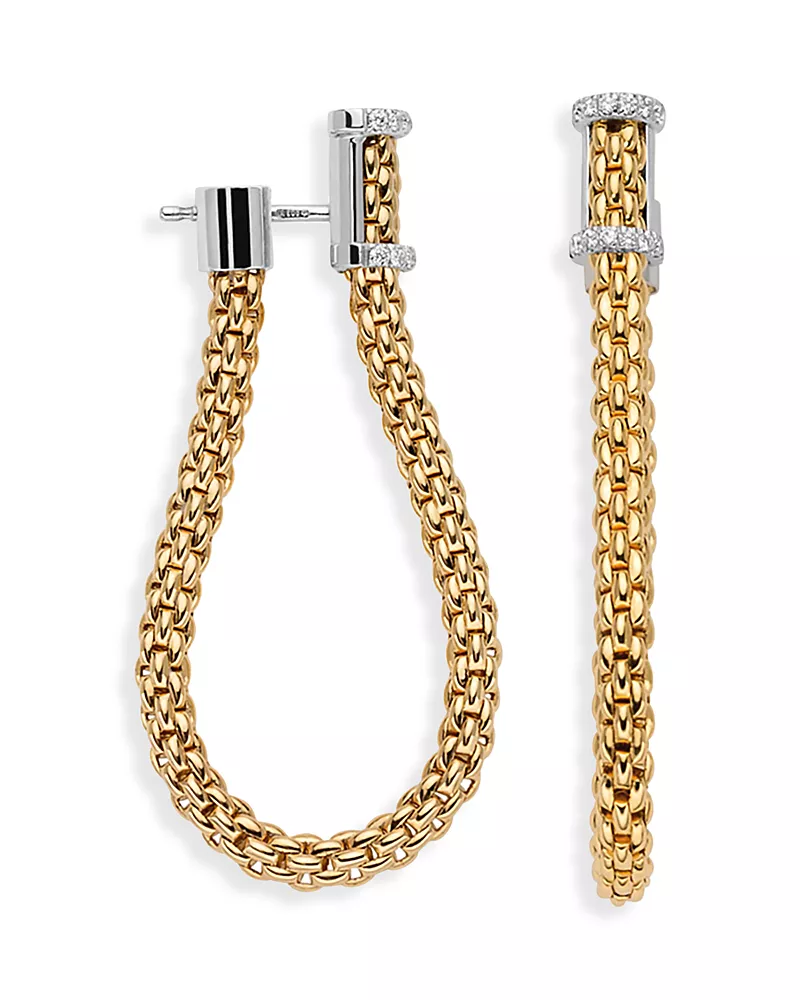Fope 18K Yellow Gold Prima Diamond Pave Rondelle Linked Chain Front to Back Earrings