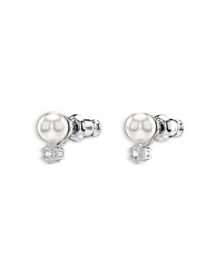 Matrix Crystal & Imitation Pearl Stud Earrings in Rhodium Plated