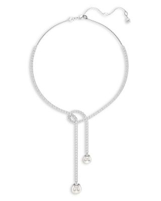 Matrix Crystal & Imitation Pearl Lariat Necklace in Rhodium Plated, 14.12"-16.12"