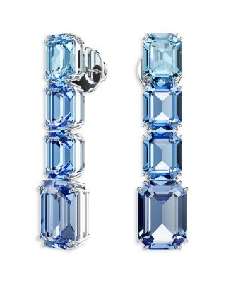 Millenia Blue Octagon Crystal Linear Drop Earrings in Rhodium Plated