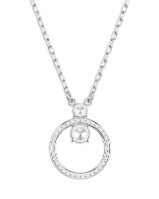 Constella Crystal Circle Pendant Necklace in Rhodium Plated, 14.87"-16.87"
