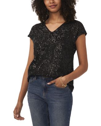 ヴィンスカムート Vince Camuto Sequin Striped Tee レディース シャツ トップス Rich Black Vince Camuto Women's Sequin Striped Tee, Rich Black at