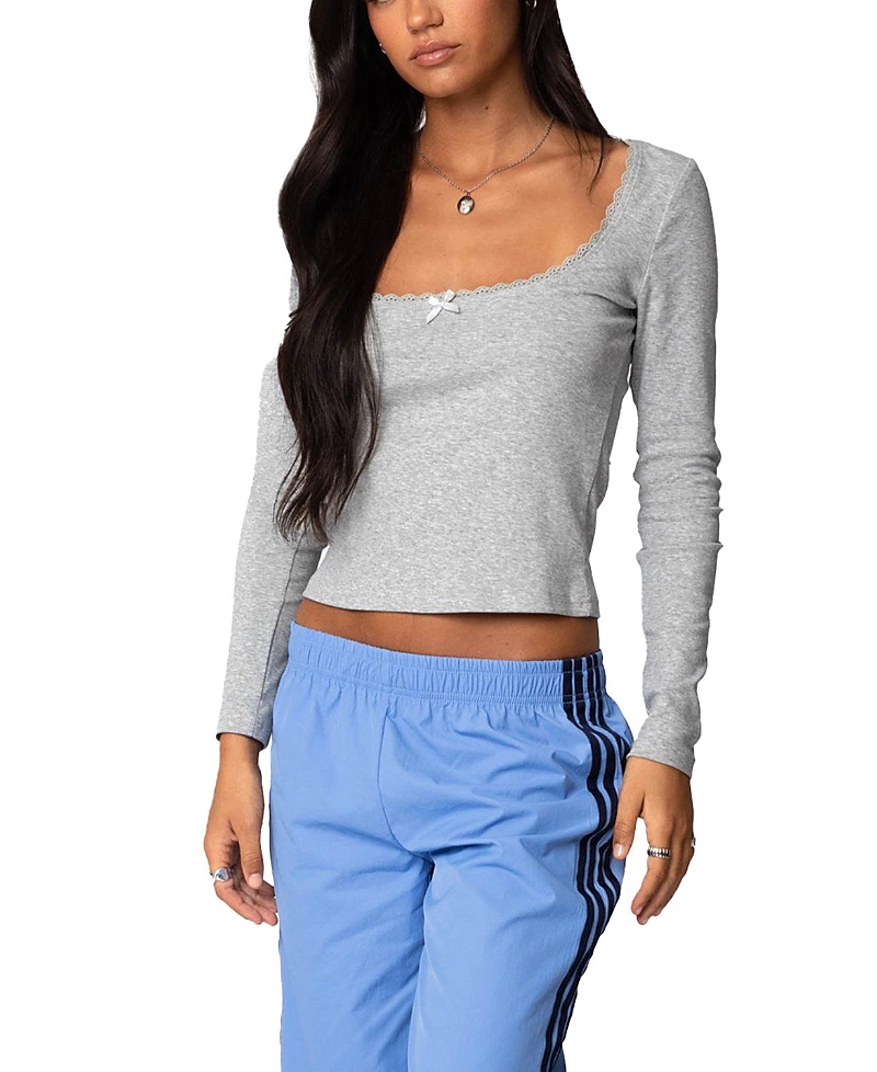 Edikted Mora Lace Trim Knit Top In Gray Melange