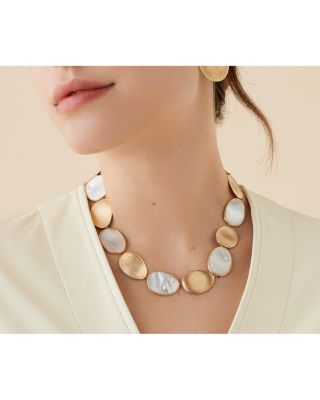 18K Yellow Gold Lunaria Large Mother of Pearl & Textured Disc Statement Necklace, 17.75"