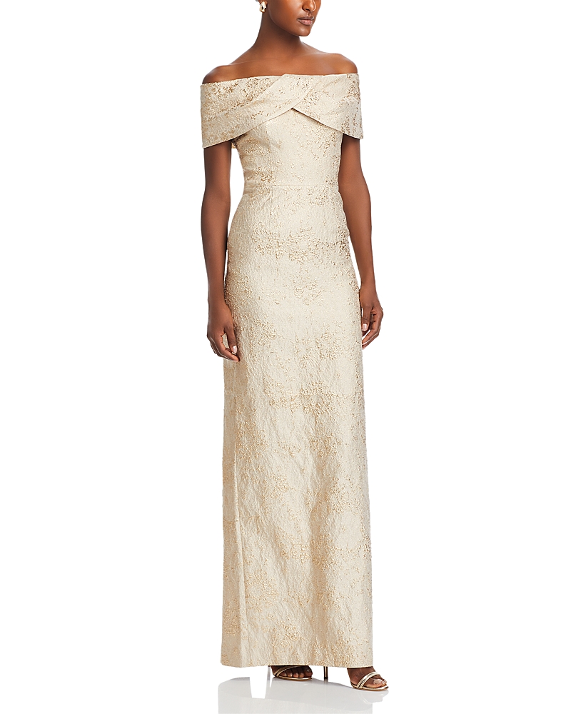 Teri Jon by Rickie Freeman Metallic Off-the-Shoulder Jacquard Gown