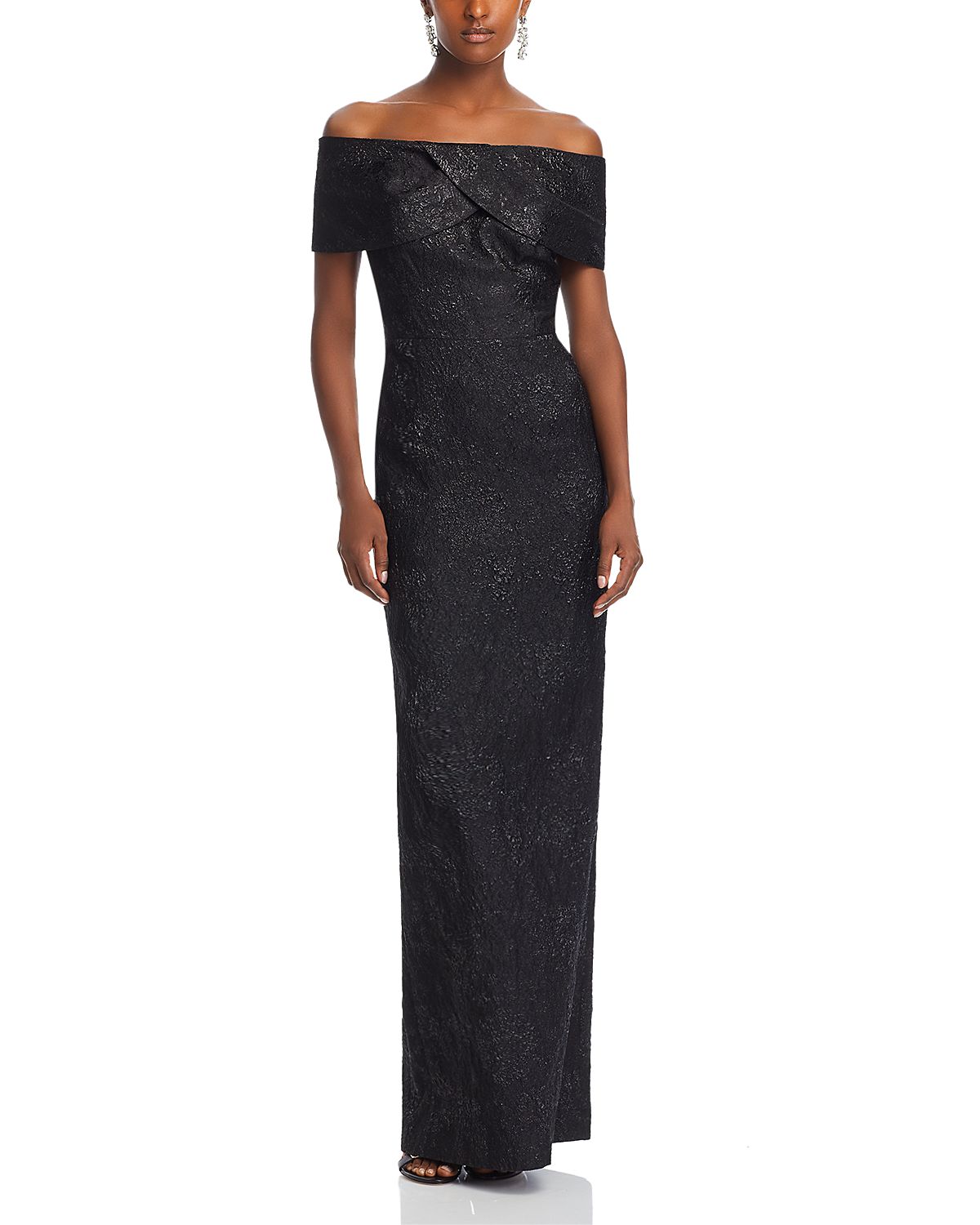 Teri Jon by Rickie Freeman Metallic Off-the-Shoulder Jacquard Gown