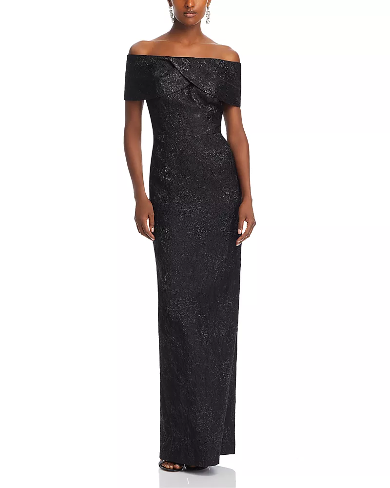 Teri Jon by Rickie Freeman Metallic Off-the-Shoulder Jacquard Gown
