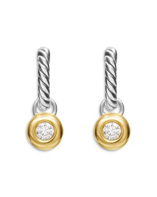 David Yurman - Petite Cable Huggie Drop Earrings in Sterling Silver with 14K Yellow Gold and Center Diamond, 17.5mm