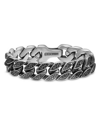 Curb Chain Bracelet in Sterling Silver with Black Diamonds, 18mm