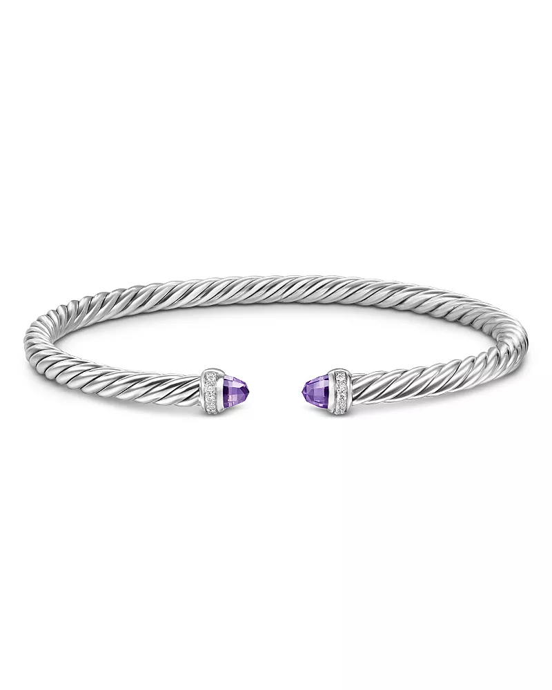 David Yurman Cablespira Flex Bracelet in Sterling Silver with Amethyst and Diamonds, 4mm