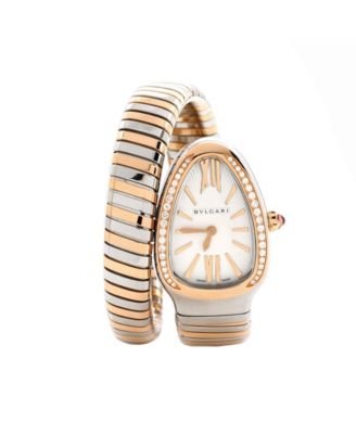 Pre-Owned Bvlgari Serpenti Tubogas Single Spiral Quartz Watch in Stainless Steel and Rose Gold with Diamond Bezel 23mm