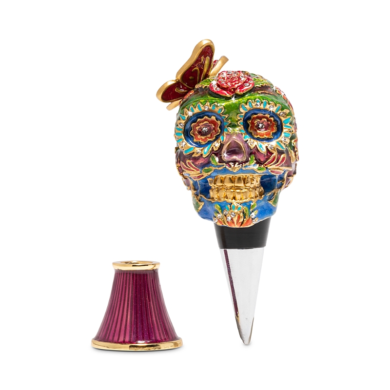 Jay Strongwater Calavera Skull Wine Stopper And Stand In Pink