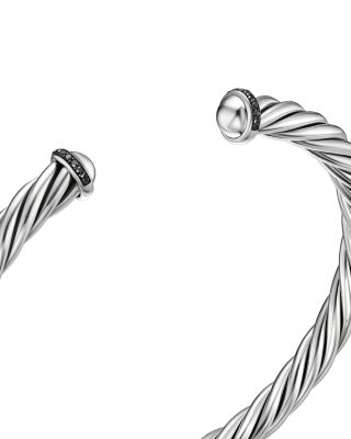 Men&#39;s Cable Cuff Bracelet in Sterling Silver with Pav&amp;eacute; Black Diamonds, 6mm