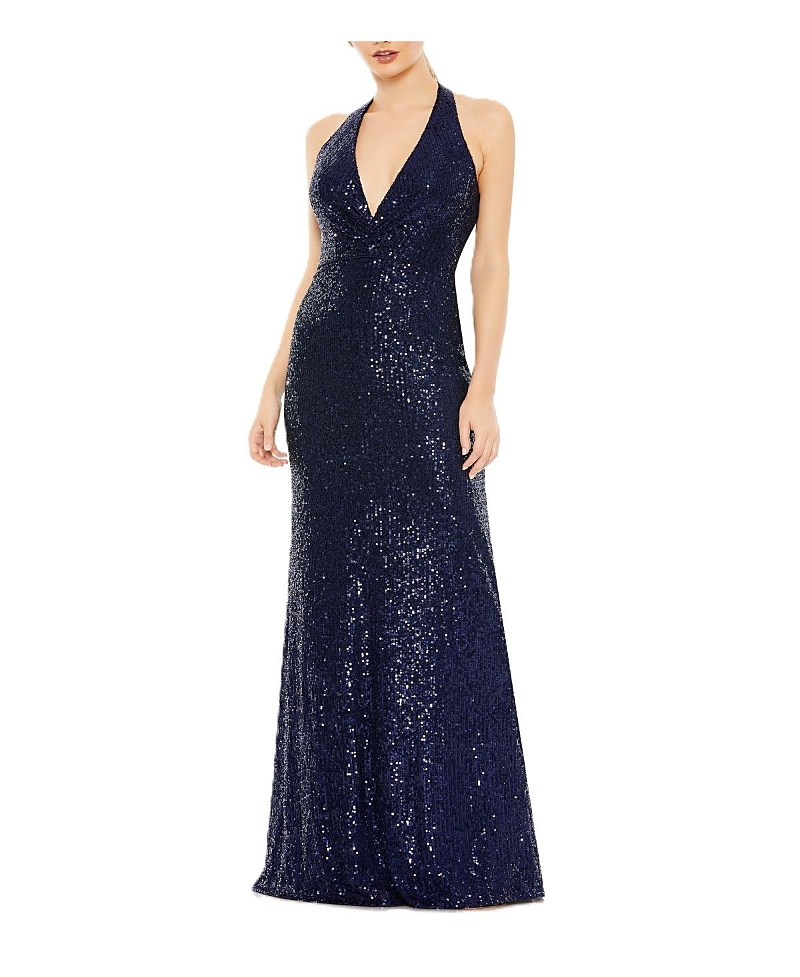 Mac Duggal Metallic Halter Gown In Navy