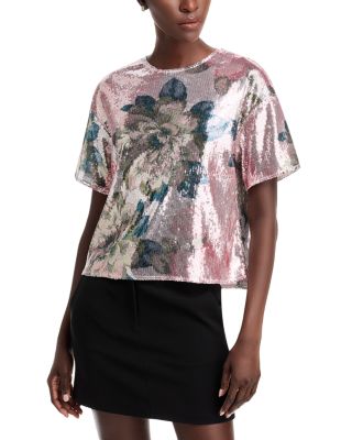 AQUA - Floral Sequin Short Sleeve Tee - Exclusive