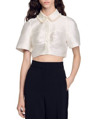 Sandro - Merci Pearl Collar Crop Shirt