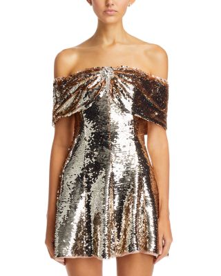 ワンピース SELF PORTRAIT MINI DRESS WITH SEQUINS AND BARE SHOULDERS self-portrait Sequin Off Shoulder Mini Dress in Beige | REVOLVE