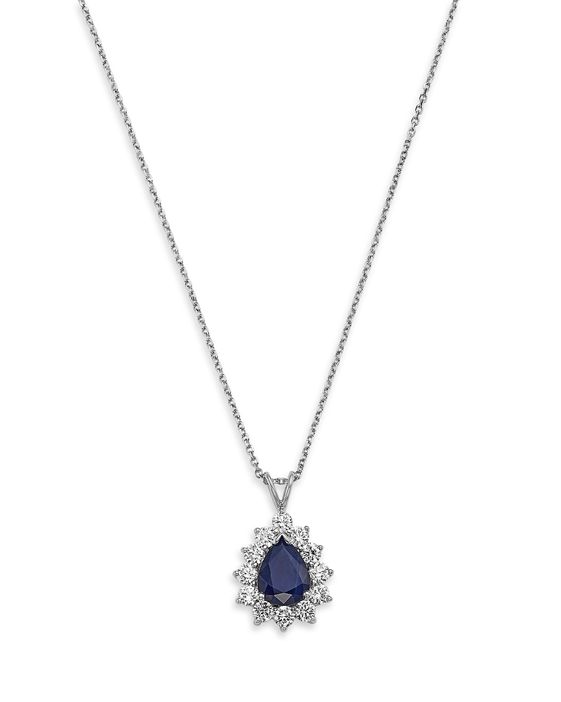 Bloomingdale's Fine Collection Blue Sapphire & Diamond Pear Halo Pendant Necklace In 14k White Gold, 16 In Blue/white