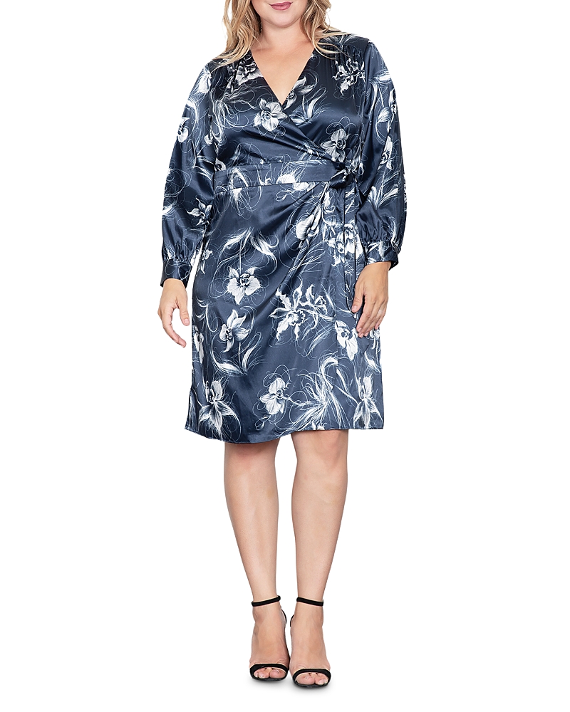 Standards & Practices Floral Print Long Sleeve Faux Wrap Satin Dress In Navy Orchid
