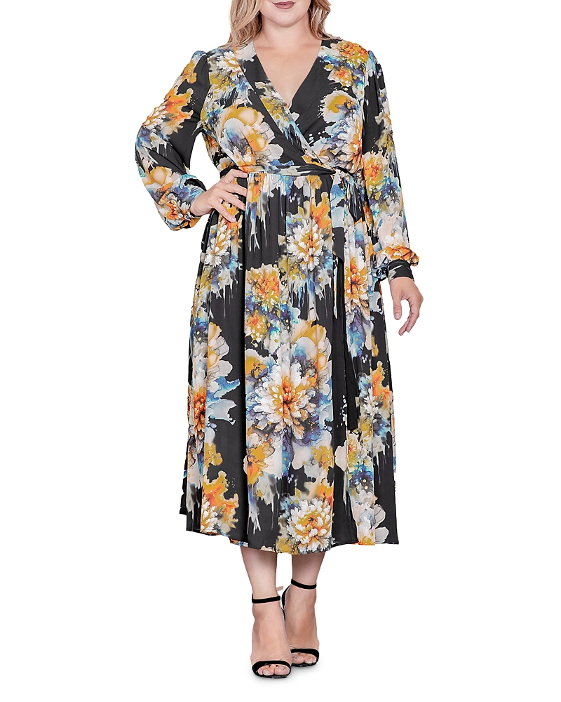 Standards & Practices Floral Print Long Sleeve Georgette Midi Wrap Dress In Black Floral