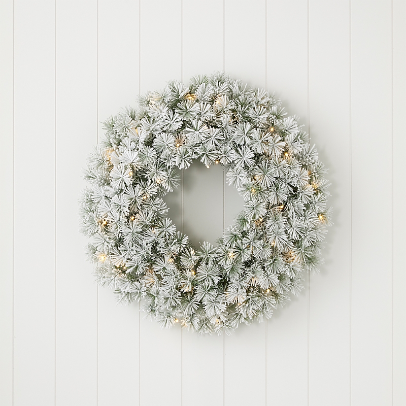 Seasonal Llc Flocked Winter Fir 24 Wreath With Clear Lights In Flckd Fir
