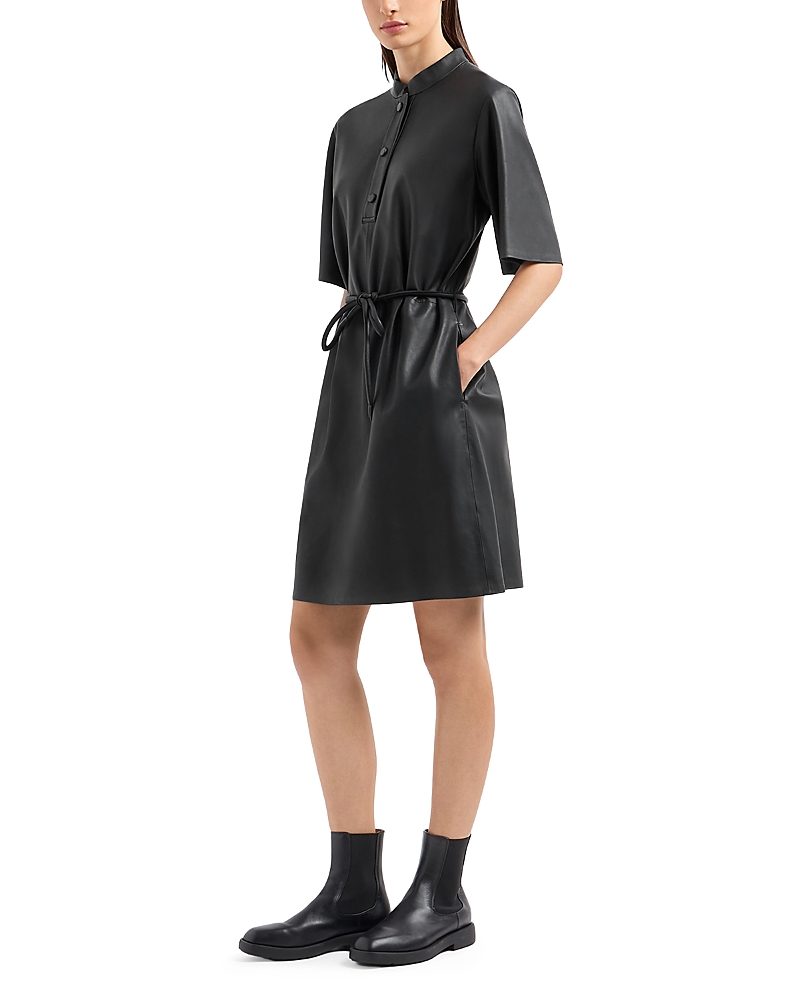Emporio Armani Leather Belted Dress In Solid Black