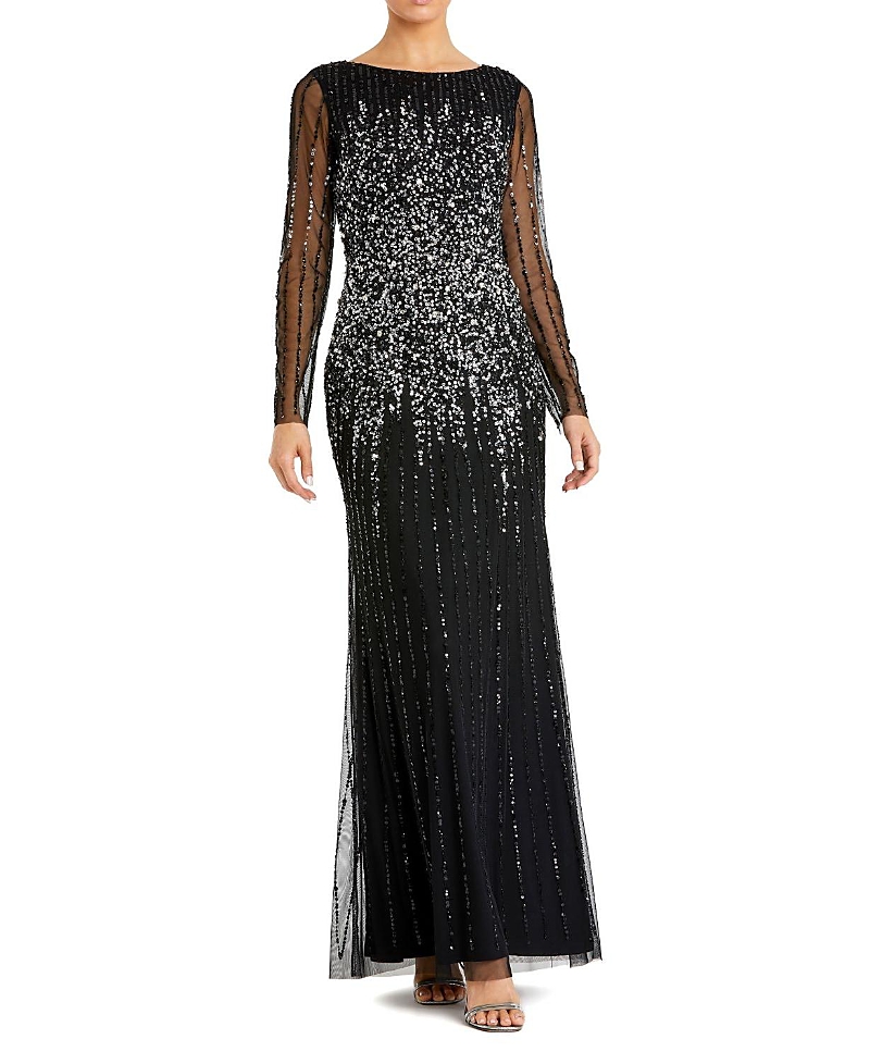 Mac Duggal Sequin Embellished Bateau Neck Long Sleeve A-line Gown In Black