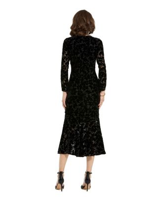 Burnout Velvet Long Sleeve Ruffle Hem Midi Dress