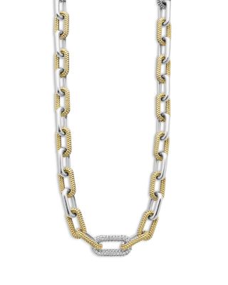 LAGOS - 18K Yellow Gold & Silver Caviar Lux-Clip Diamond Link Necklace, 18" - Exclusive