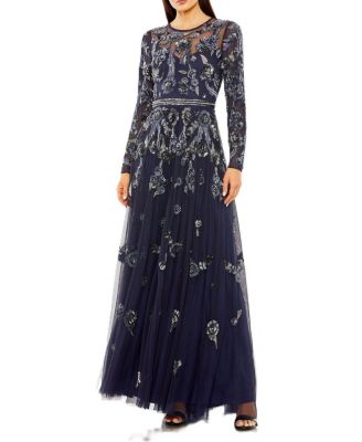 Long Sleeve High Neck Floral Beaded A-Line Mesh Gown