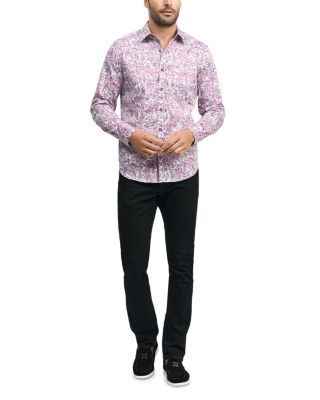 Downing Cotton Stretch Satin Printed Classic Fit Button Down Shirt