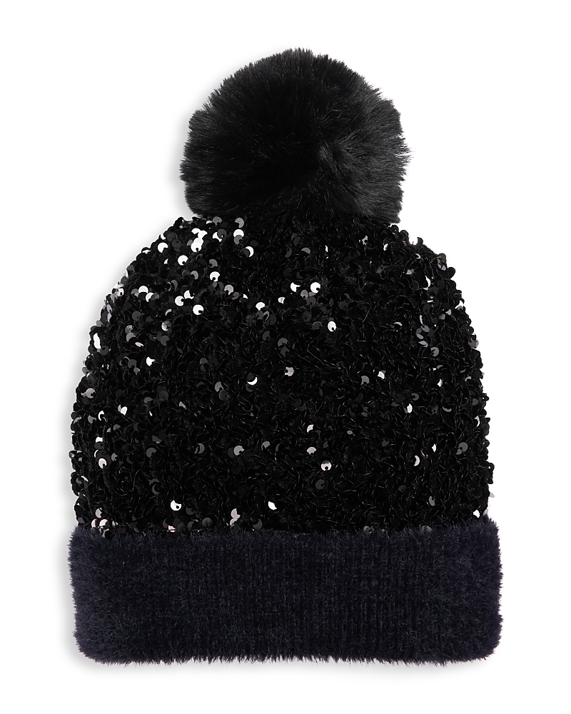 Surell Girls' Knit Sequin Beanie Hat With Faux Fur Pom - Big Kid