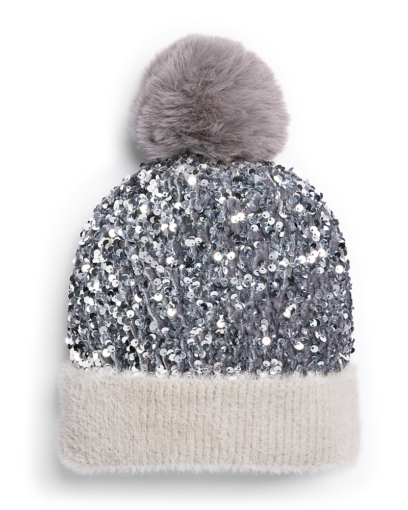 Surell Girls' Knit Sequin Beanie Hat With Faux Fur Pom - Big Kid In Silver