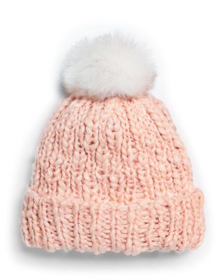 Surell - Girls' Knit Cuffed Beanie Hat With Faux Fur Pom - Big Kid