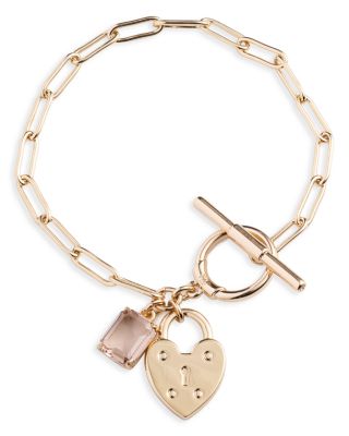 Ralph Lauren - Crystal & Heart Charm Link Bracelet in Gold Tone