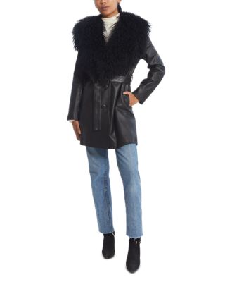 Leather Shearling Trim Belted Jacket