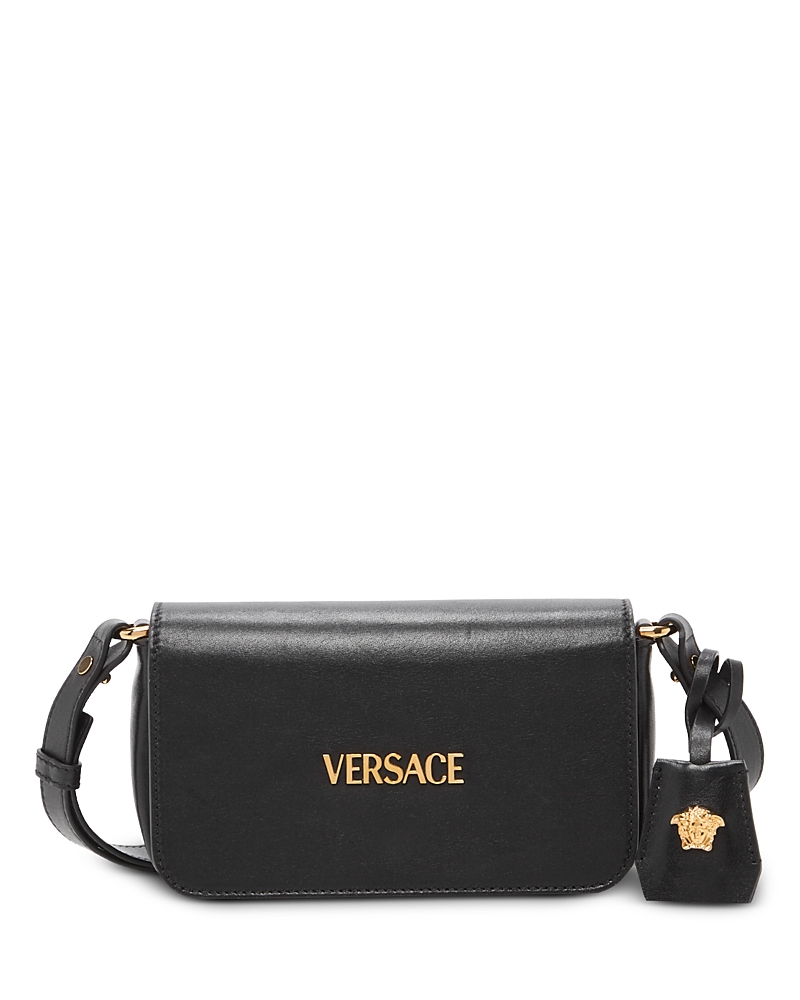 Versace Tag Mini Flap Leather Shoulder Bag In Black