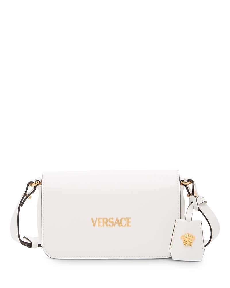 Versace Tag Mini Flap Leather Shoulder Bag In Porcelain