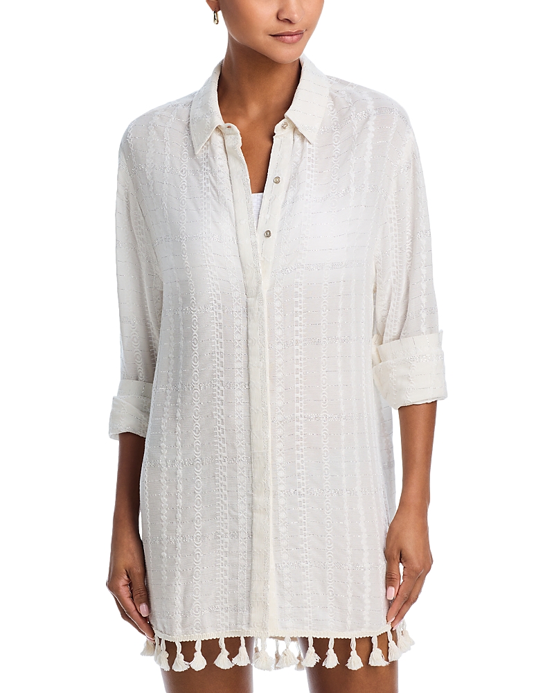 RAMY BROOK ROMAN WHITE STRIPE TASSEL COVER UP SHIRT