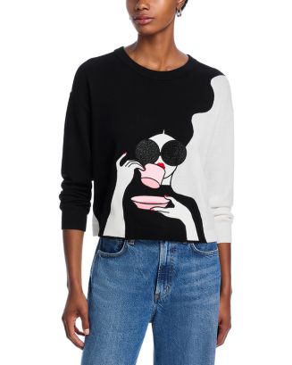 alice+olivia アリスオリビア STACEY FACE ステーシー フェイス クルーネックセーター 長袖 ニット 65181-1-82053 レディース グレー STACEFACE PULLOVER in BLACK/SOFT WHITE MULTI | ALICE + OLIVIA