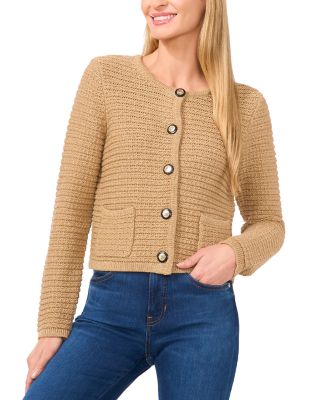 CeCe - Metallic Rib Knit Crewneck Cardigan