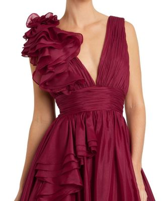Ruffle Shoulder V-Neck Chiffon Gown
