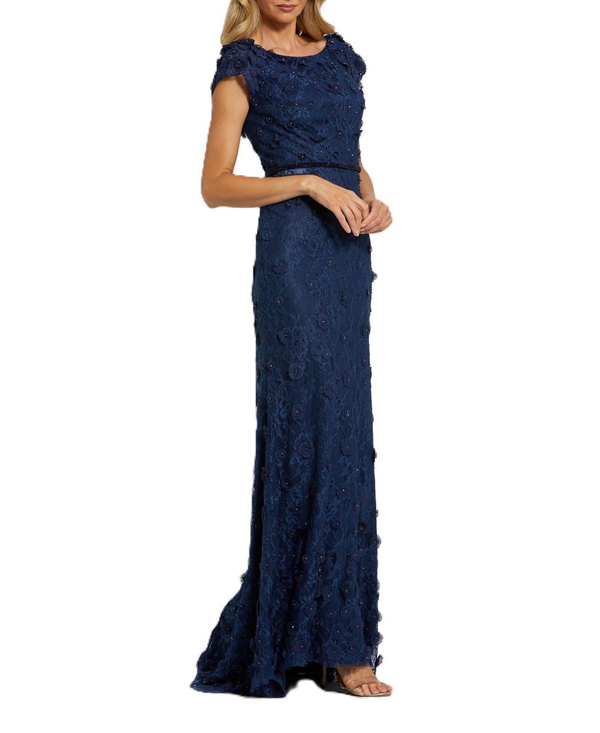Mac Duggal Floral Applique Boar Neck Short Sleeve Gown