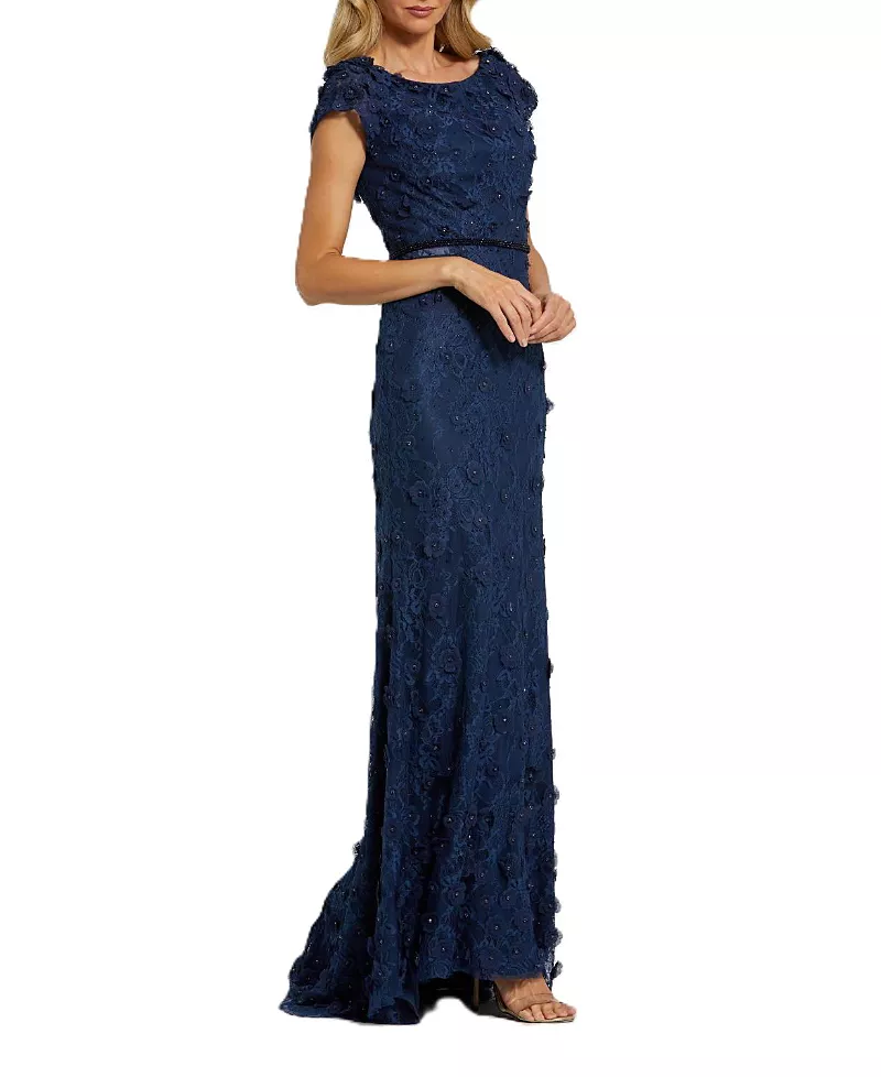 Mac Duggal Floral Applique Boar Neck Short Sleeve Gown