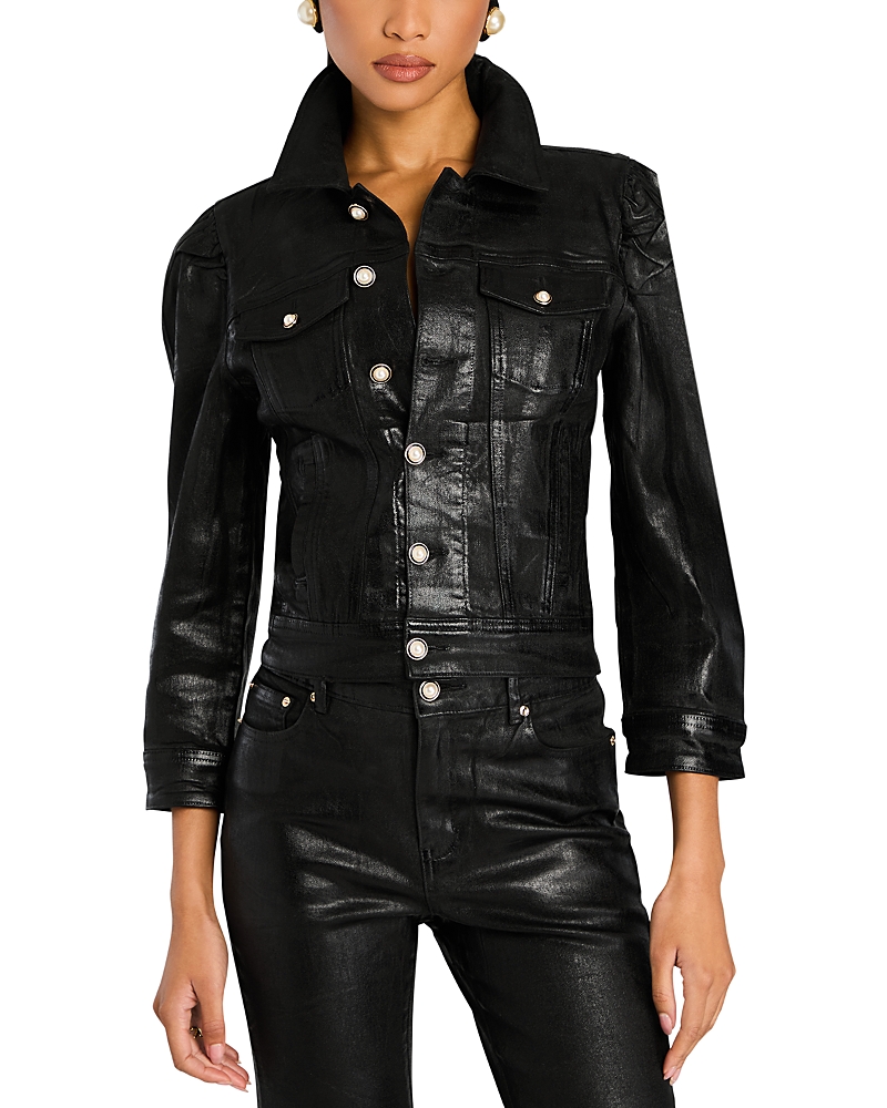 Retroféte Ada Puff-sleeve Coated Denim Jacket In Liquid Black