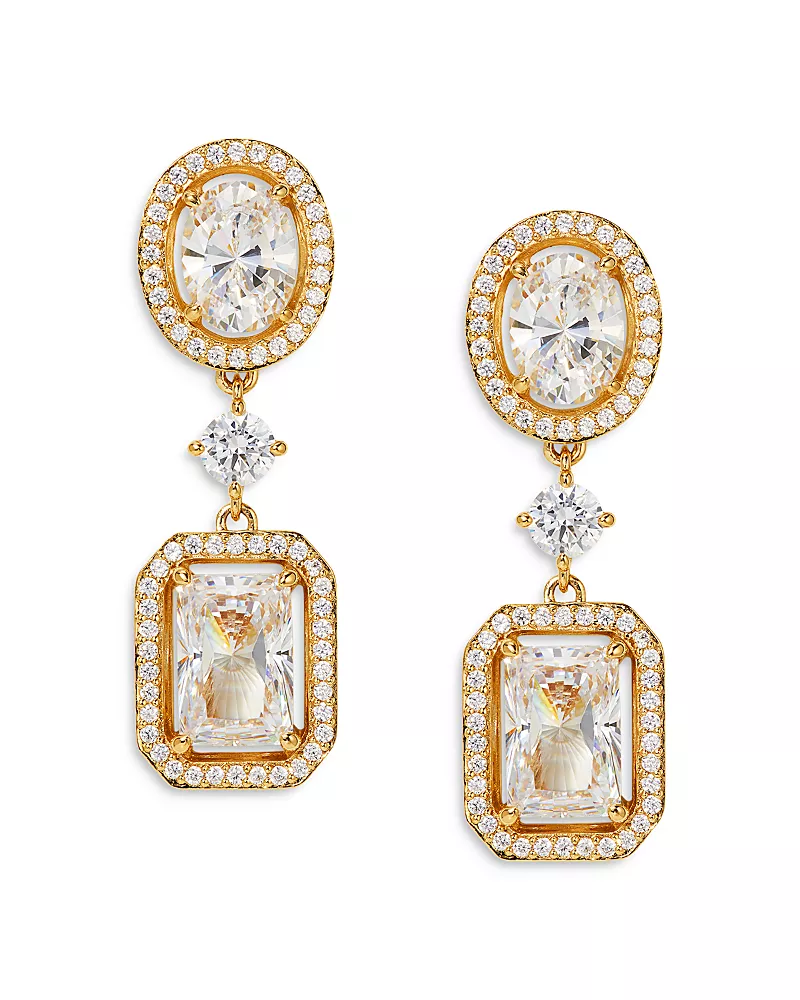 Nadra Radiant Cubic Zirconia Halo Double Drop Earrings in 18K Gold Plated