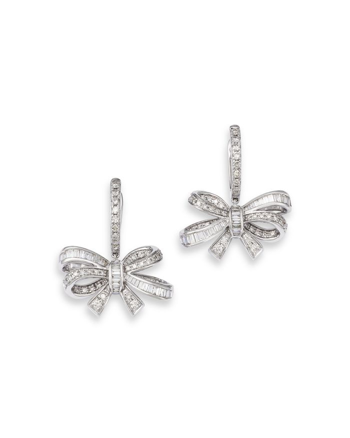 Diamond Round & Baguette Bow Drop Earrings in 14K White Gold, 1.00 tcw
