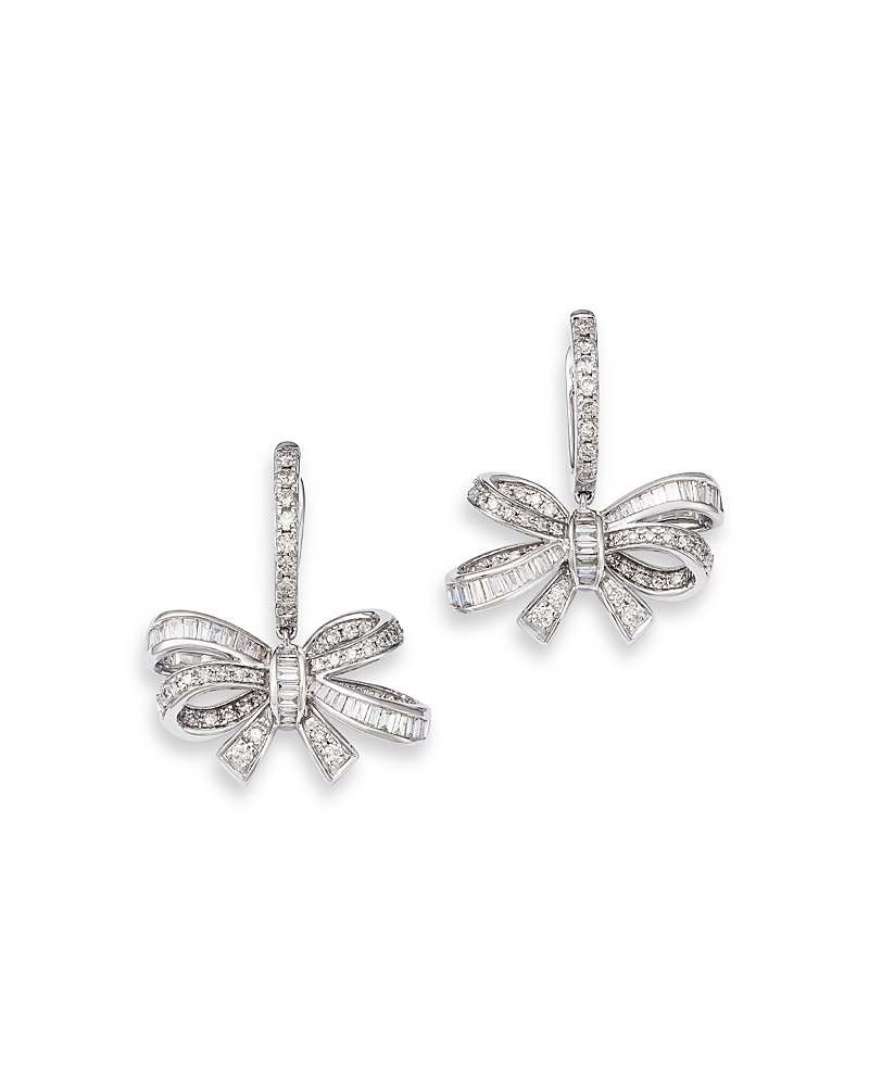 Bloomingdale's Fine Collection Diamond Round & Baguette Bow Drop Earrings In 14k White Gold, 1.00 Ct. T. W. In White