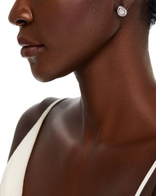 Diamond Round & Baguette Halo Stud Earrings in 14K White Gold, 1.00 tcw