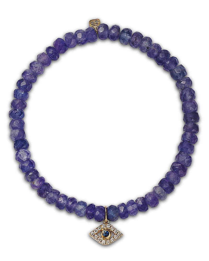 Sydney Evan Large Bezel Evil Eye Charm Blue Tanzanite Beaded Bracelet With Diamonds & Sapphires In Gold/blue
